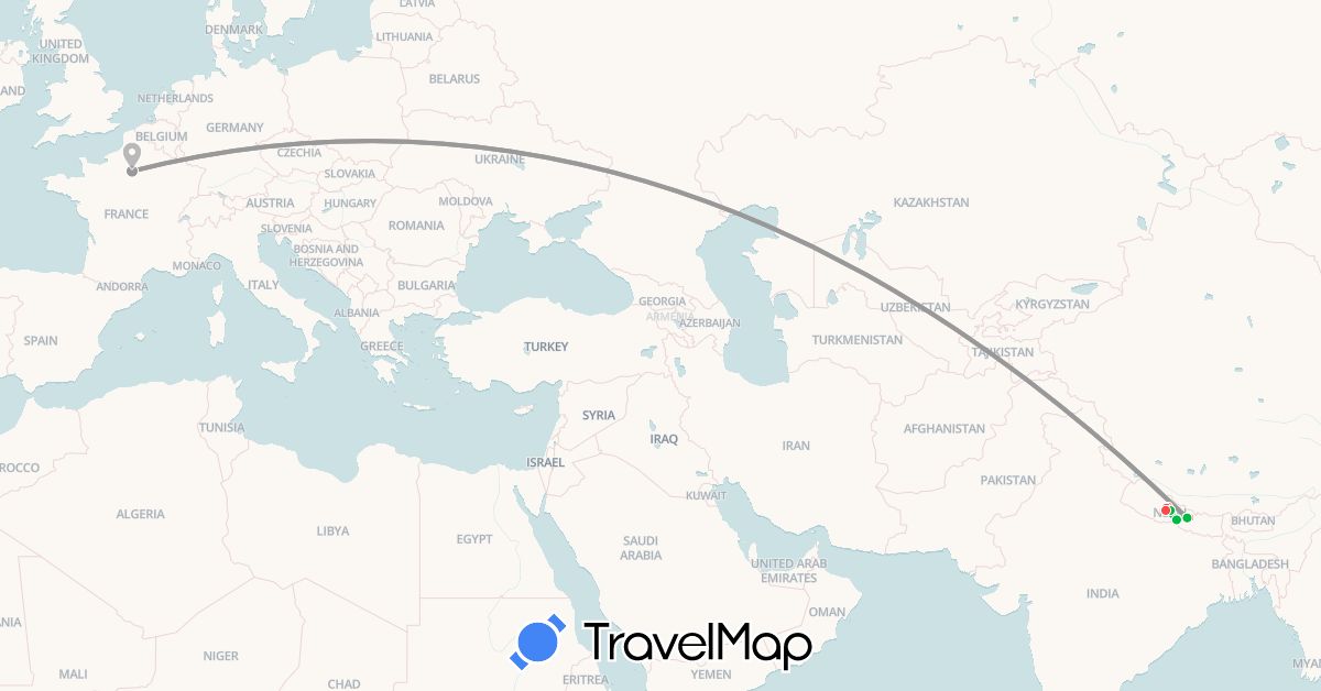 TravelMap itinerary: driving, bus, plane, hiking in France, Nepal (Asia, Europe)
