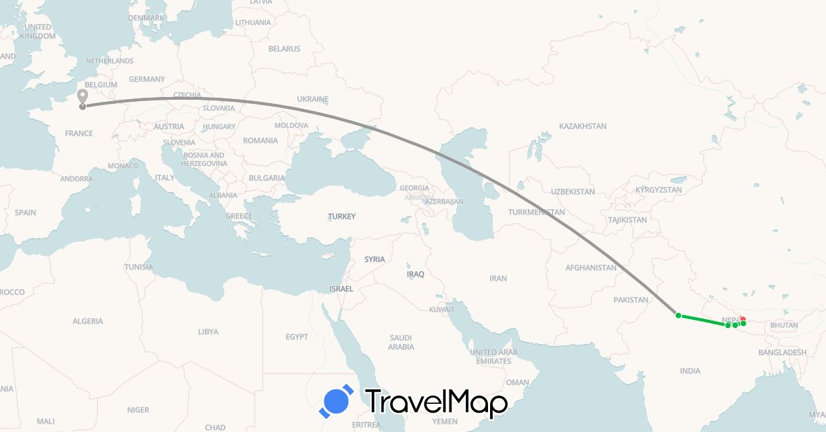 TravelMap itinerary: driving, bus, plane, hiking in France, India, Nepal (Asia, Europe)
