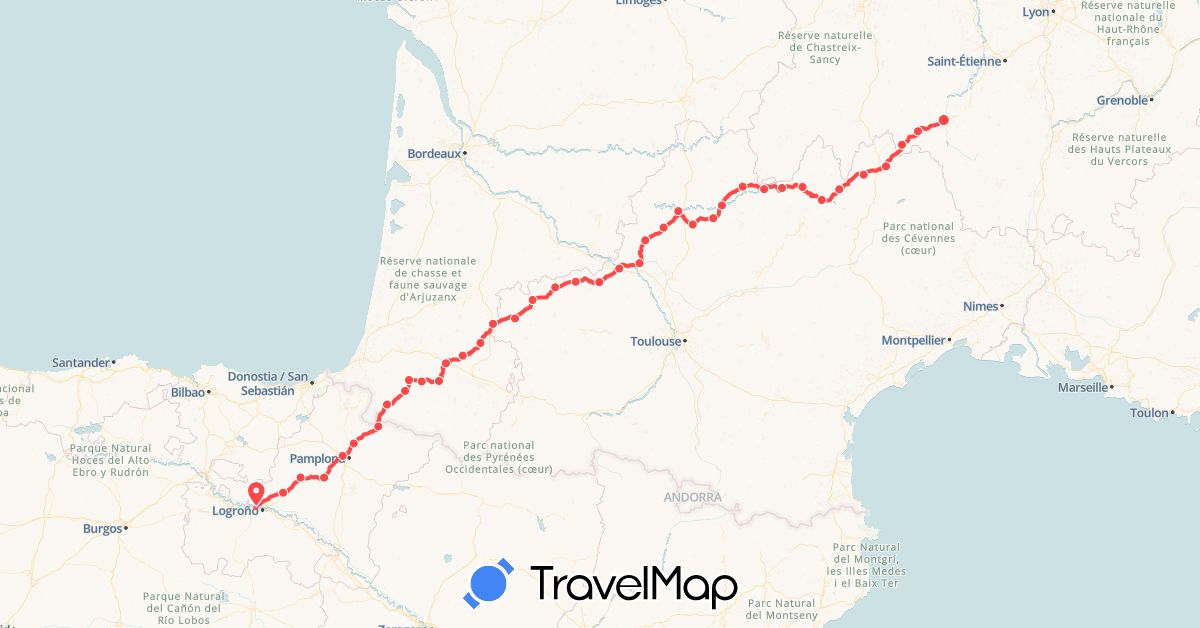 TravelMap itinerary: train, hiking in Spain, France (Europe)