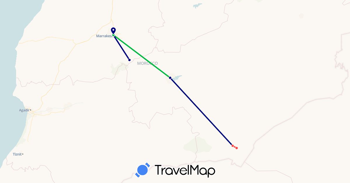 TravelMap itinerary: driving, bus, plane, hiking in Morocco (Africa)