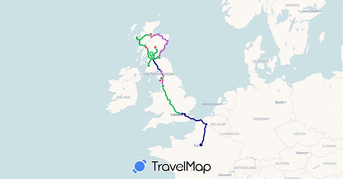 TravelMap itinerary: driving, bus, train, hiking in France, United Kingdom (Europe)