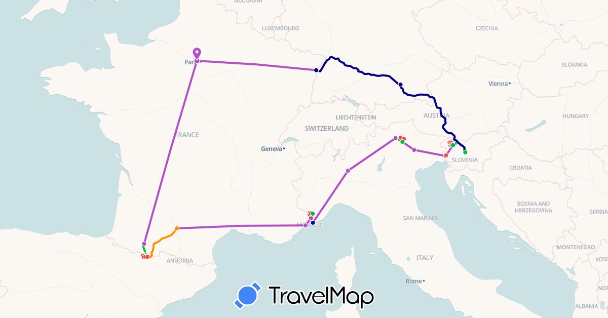 TravelMap itinerary: driving, bus, train, hiking, hitchhiking in Germany, Spain, France, Italy, Slovenia (Europe)