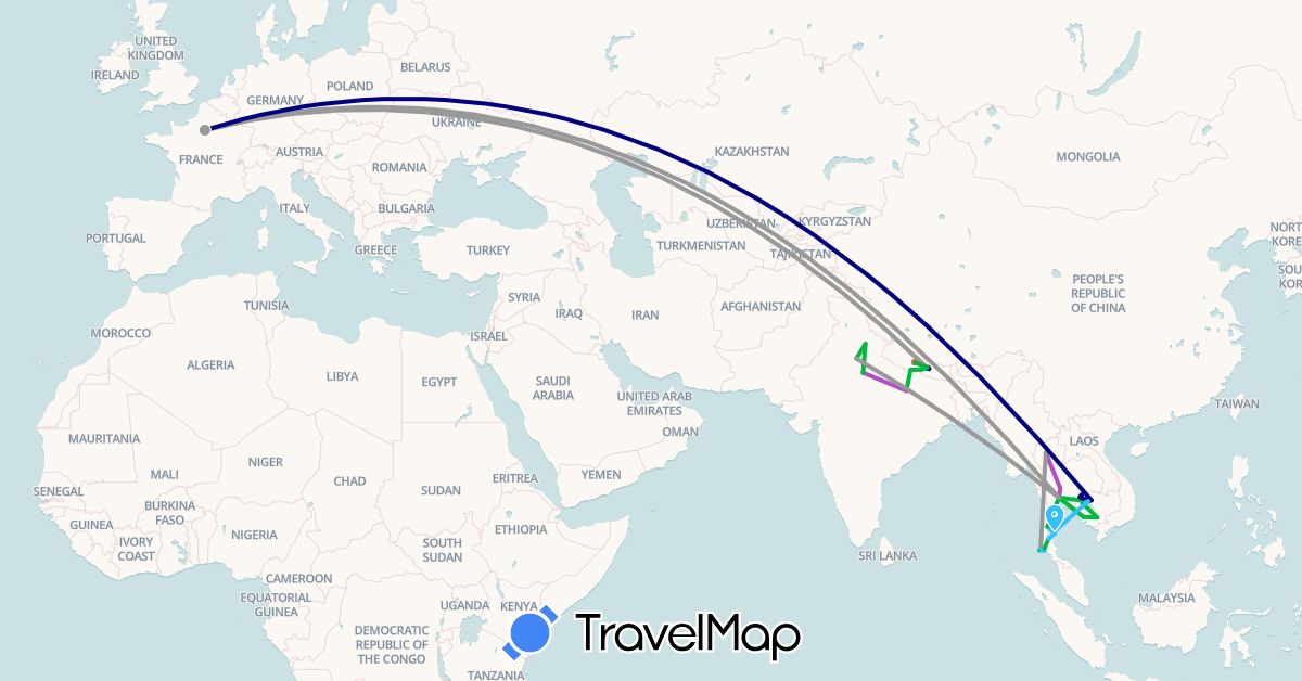 TravelMap itinerary: driving, bus, plane, train, hiking, boat in France, India, Cambodia, Nepal, Thailand (Asia, Europe)
